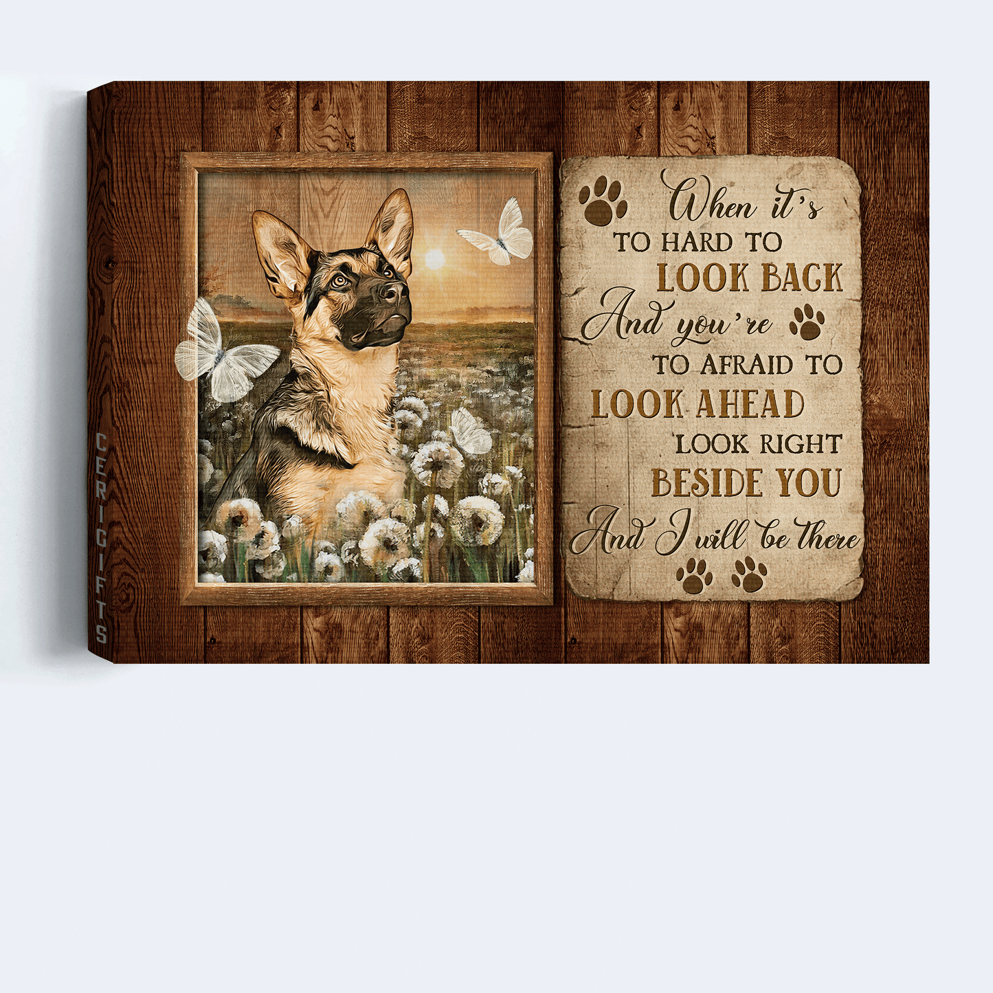 German Shepherd Landscape Canvas- German Shepherd dog, Crystal butterfly, Dandelion - Gift for German shepherd lover- When it's hard to look back - Jesus Landscape Canvas Prints, Christian Wall Art