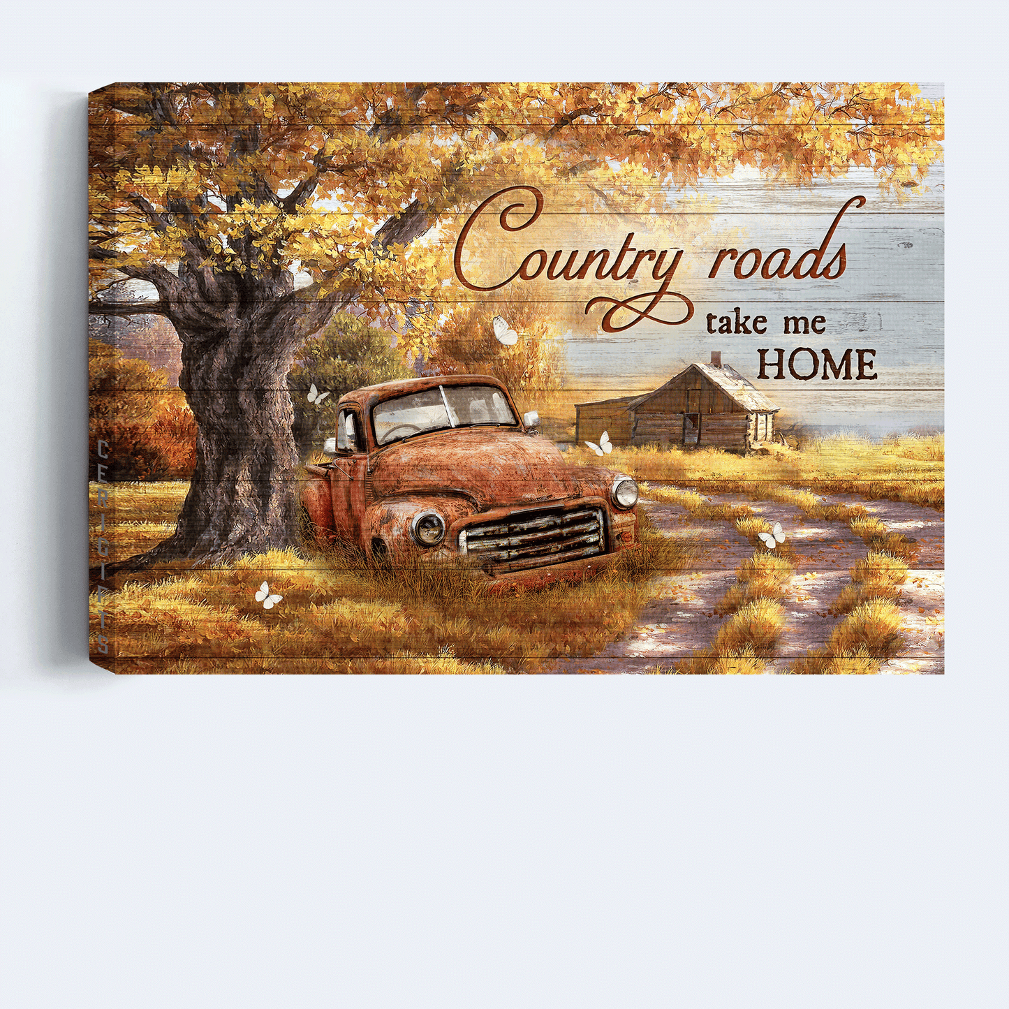 Family Landscape Canvas- Gorgeous autumn season, White butterfly, Old red truck canvas- Gift for members family- Country roads take me home - Landscape Canvas Prints, Wall Art