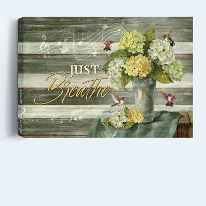 Jesus Landscape Canvas- Green hydrangeas, Music sheet, Colorful hummingbird, Just breathe canvas- Gift for Christian - Landscape Canvas Prints, Christian Wall Art
