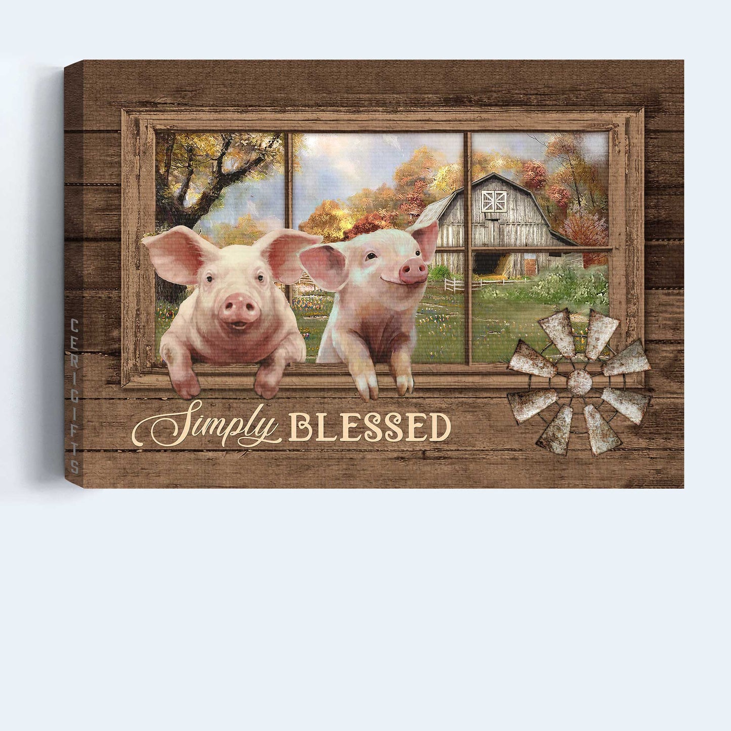 Jesus Landscape Canvas- Happy pig, Old windmill, Autumn forest, Vintage house, Simply blessed canvas- Gift for Christian - Landscape Canvas Prints, Christian Wall Art