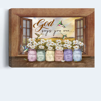 Jesus Landscape Canvas- Hummingbird, Daisy flower, Window frame,  God says you are canvas- Gift for Christian - Landscape Canvas Prints, Wall Art