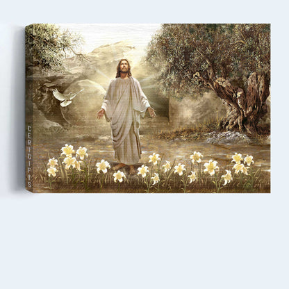 Jesus Landscape Canvas- Jesus painting, Dove of peace, Meadow landscape, A new day has come- Gift for Christian - Landscape Canvas Prints, Christian Wall Art