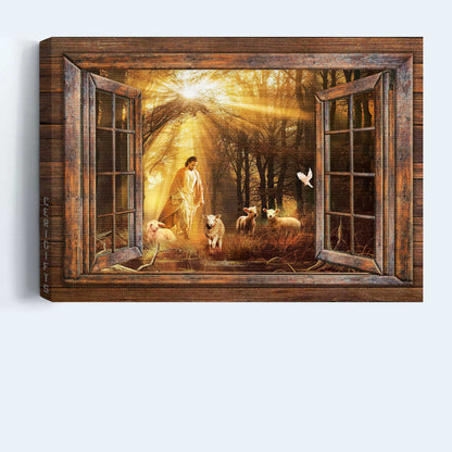 Jesus Landscape Canvas- Jesus painting, Lambs painting, Walking with Jesus, Into the beautiful forest- Gift for Christian - Landscape Canvas Prints, Wall Art