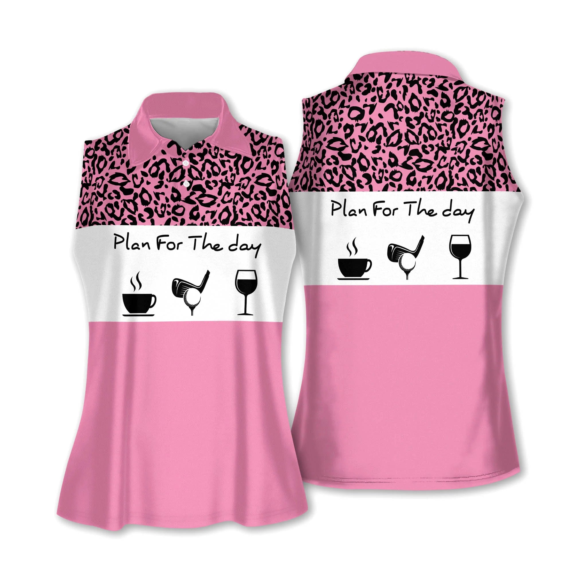 Golf And Wine Women Sleeveless Athleisure Polo Shirt, Plan For The Day Leopard Multicolor Sleeveless Polo Shirt - Gift For Mother's Day, Golfers