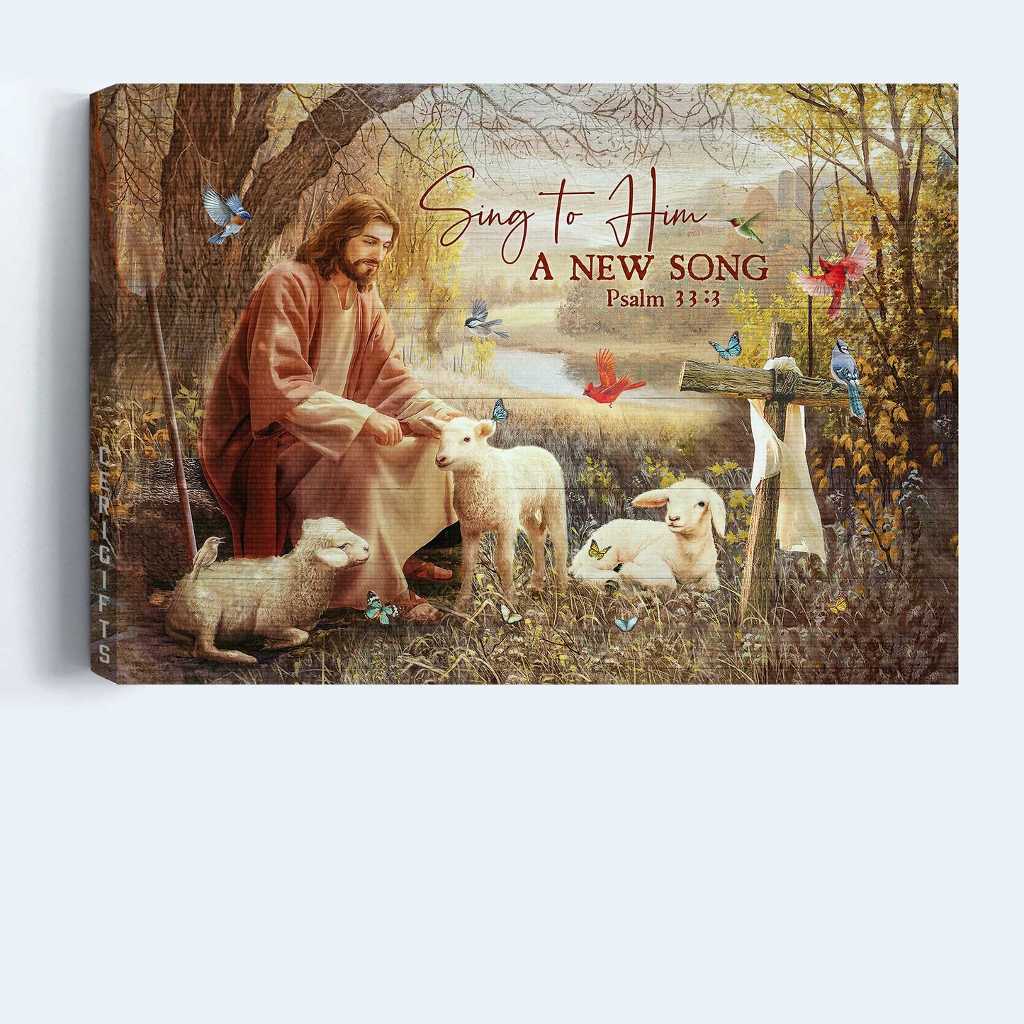 Jesus Landscape Canvas- Jesus painting, White sheep, Under the tree with Jesus, Cardinal- Gift for Christian - Sing to Him a new song - Landscape Canvas Prints, Christian Wall Art