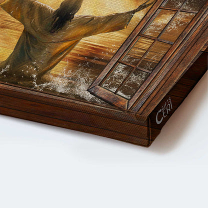Jesus Landscape Canvas- Jesus Painting, Window frame, Sunset artwork, From the sea, White dove- Gift for Christian - Landscape Canvas Prints, Wall Art