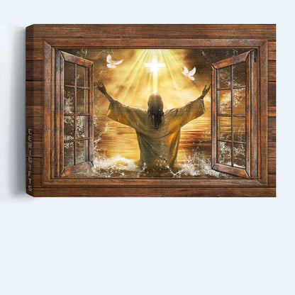 Jesus Landscape Canvas- Jesus Painting, Window frame, Sunset artwork, From the sea, White dove- Gift for Christian - Landscape Canvas Prints, Wall Art