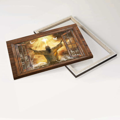 Jesus Landscape Canvas- Jesus Painting, Window frame, Sunset artwork, From the sea, White dove- Gift for Christian - Landscape Canvas Prints, Wall Art