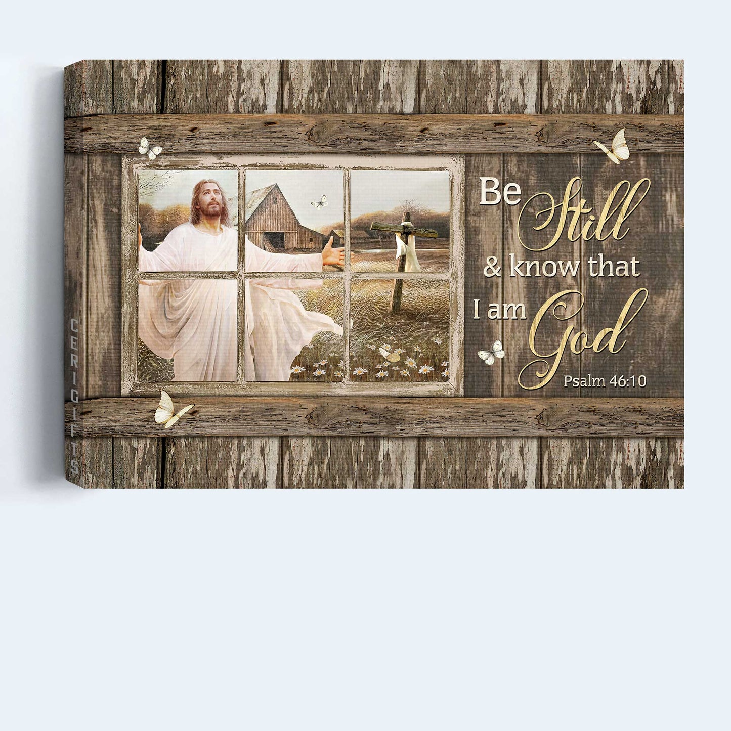 Jesus Landscape Canvas- Jesus painting, Wooden cross, White butterfly- Gift for Christian- Be still and know that I am God - Landscape Canvas Prints, Christian Wall Art