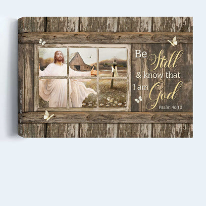 Jesus Landscape Canvas- Jesus painting, Wooden cross, White butterfly- Gift for Christian- Be still and know that I am God - Landscape Canvas Prints, Christian Wall Art