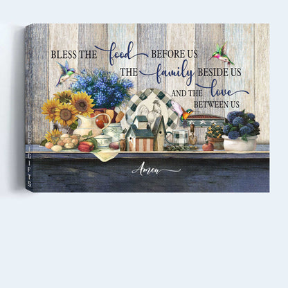 Jesus Landscape Canvas- Kitchen painting, Blue flower, Hummingbird - Gift for Christian- Bless the food before us & the love between us - Landscape Canvas Prints, Wall Art