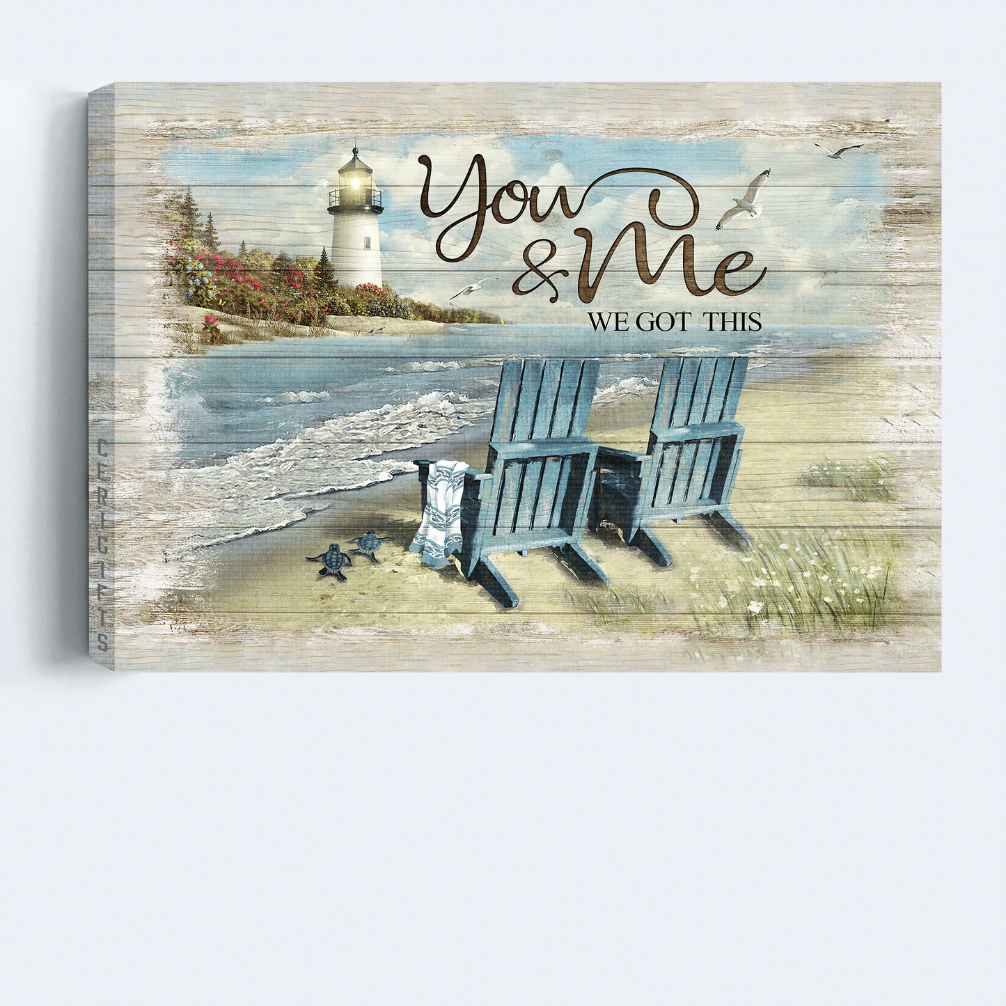 Couple Landscape Canvas - Lighthouse, Couple chair, Little turtle, Sand beach Canvas - Gift For Couple, Valentine's Day - You & Me We got this Landscape Canvas