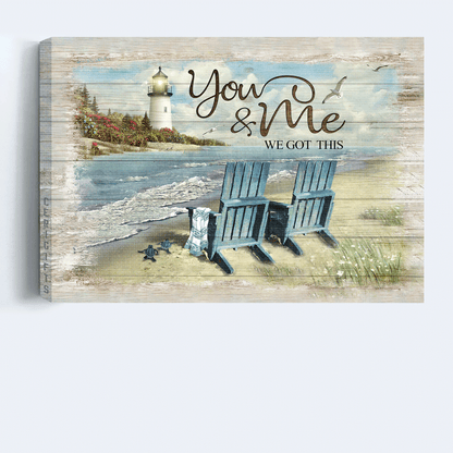 Couple Landscape Canvas - Lighthouse, Couple chair, Little turtle, Sand beach Canvas - Gift For Couple, Valentine's Day - You & Me We got this Landscape Canvas