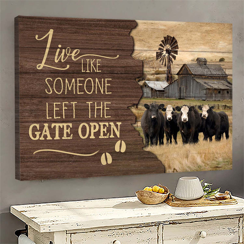 Jesus Landscape Canvas- Aberdeen Angus Canvas, Tranquil Farm, Old Barn Landscape Canvas- Gift For Religious Christian- Live Like Someone Left The Gate Open