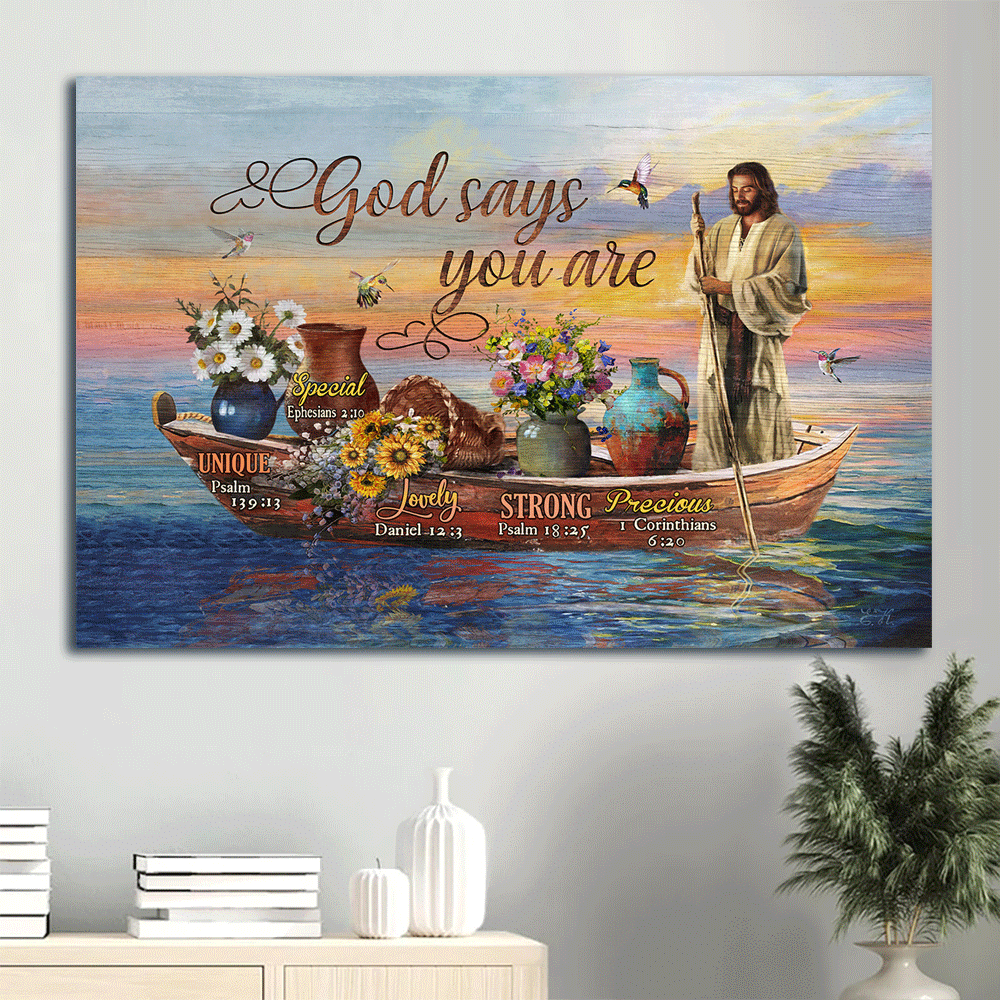 Jesus Landscape Canvas- Amazing boat, Gorgeous flower pot, Awesome hummingbird Landscape Canvas- Gift For Christian- God says you are