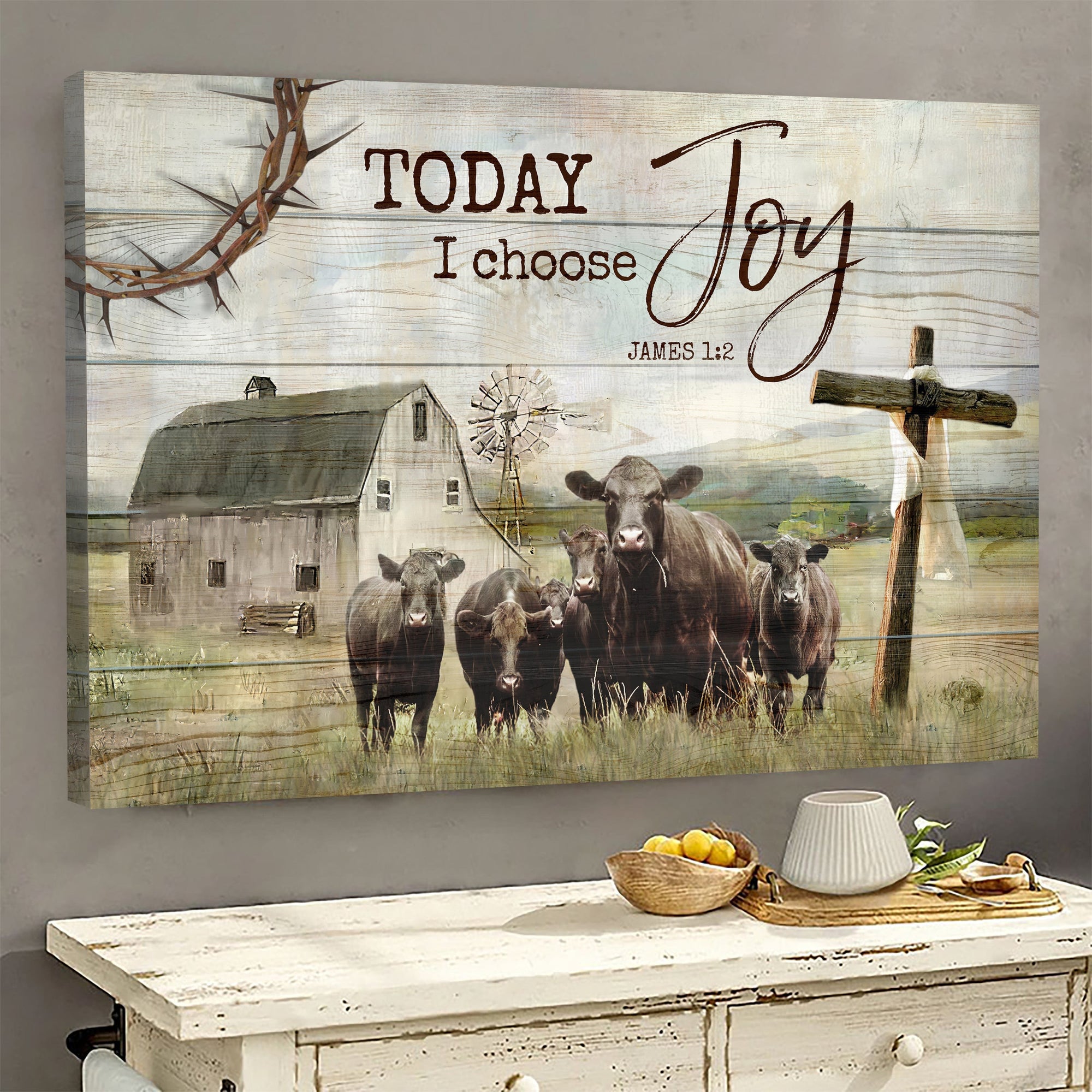 Jesus Landscape Canvas - Angus Cow, Tranquil farm, Old Barn Painting, Wooden Cross Landscape Canvas - Gift For Religious Christian - Today I choose joy