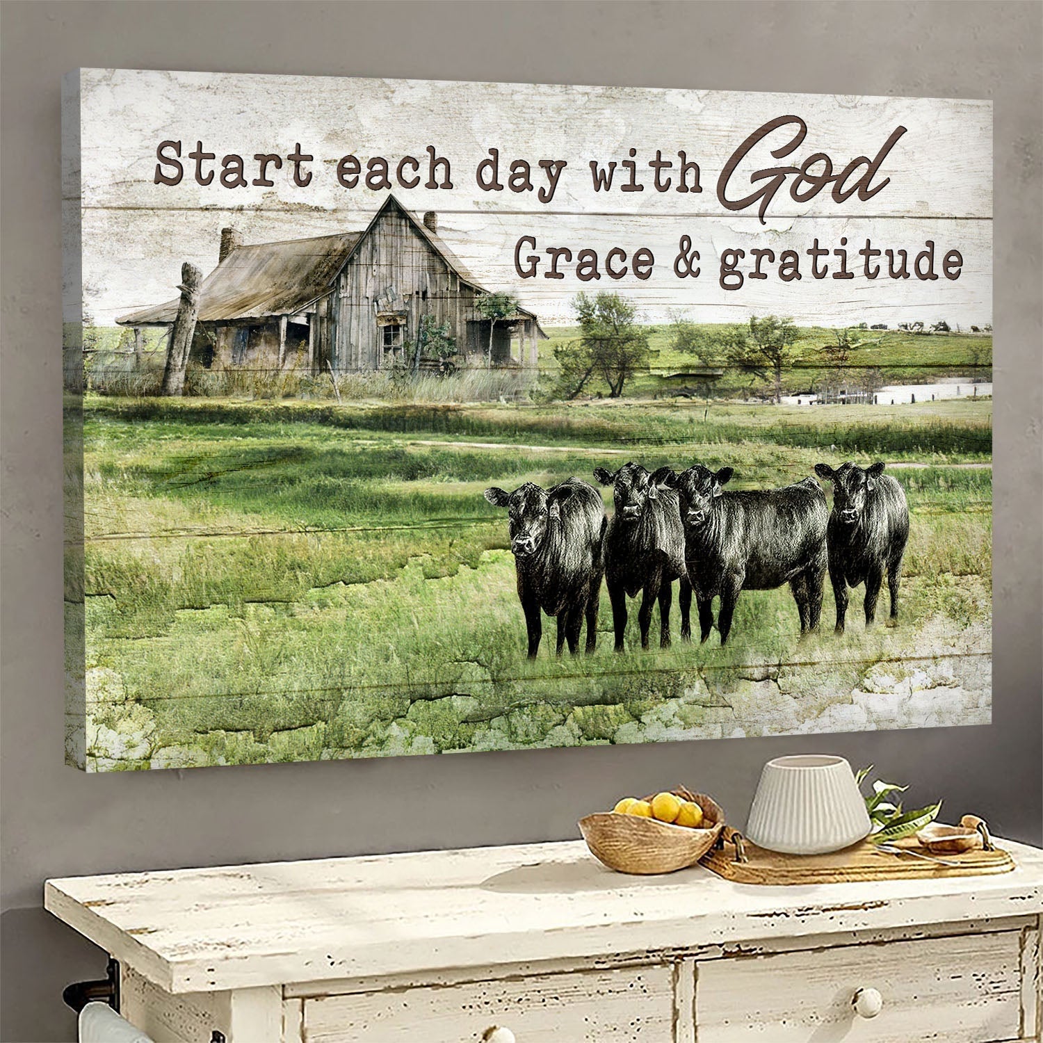 Jesus Landscape Canvas - Angus cows, Grassland, Old Barn Painting Landscape Canvas - Gift For Religious Christian - Start each day with God grace and gratitude