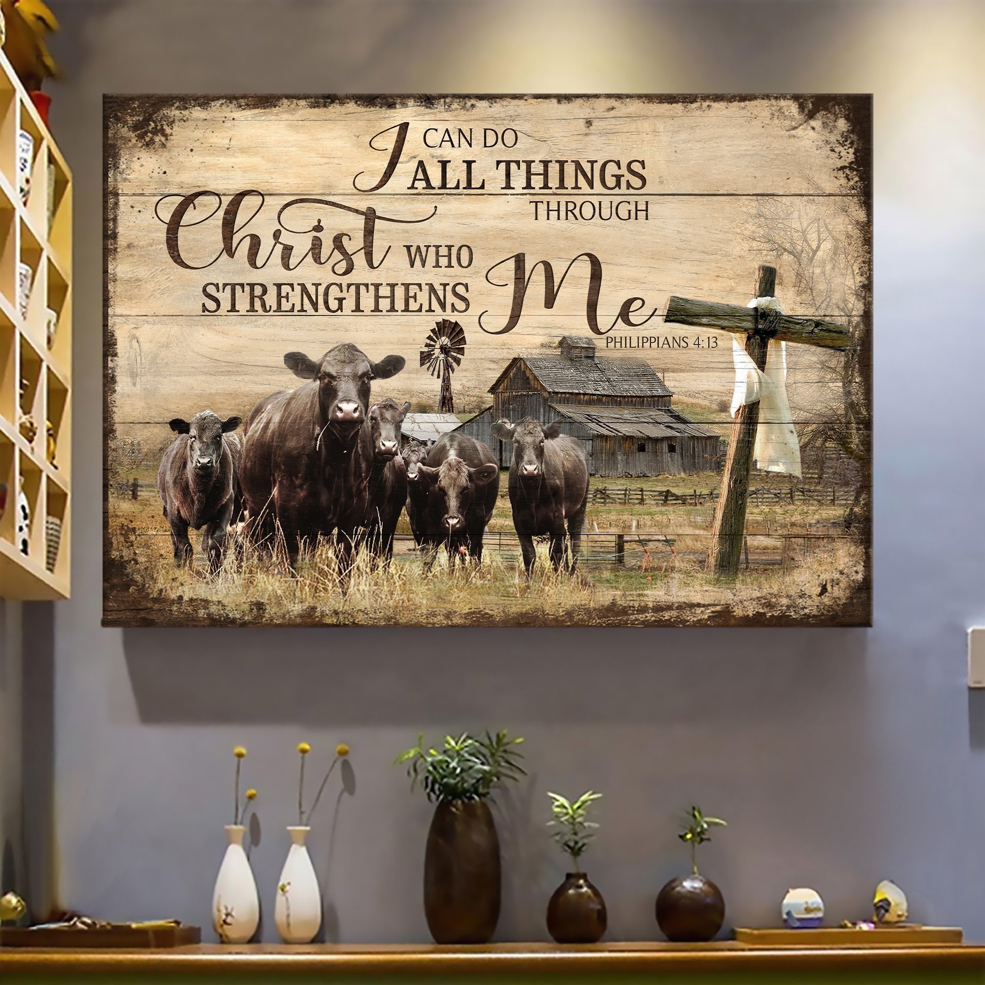 Farm Landscape Canvas - Angus cows, Tranquil farm, Wooden Cross Landscape Canvas - Gift For Farmer - I can do all thing through Christ who strengthens me