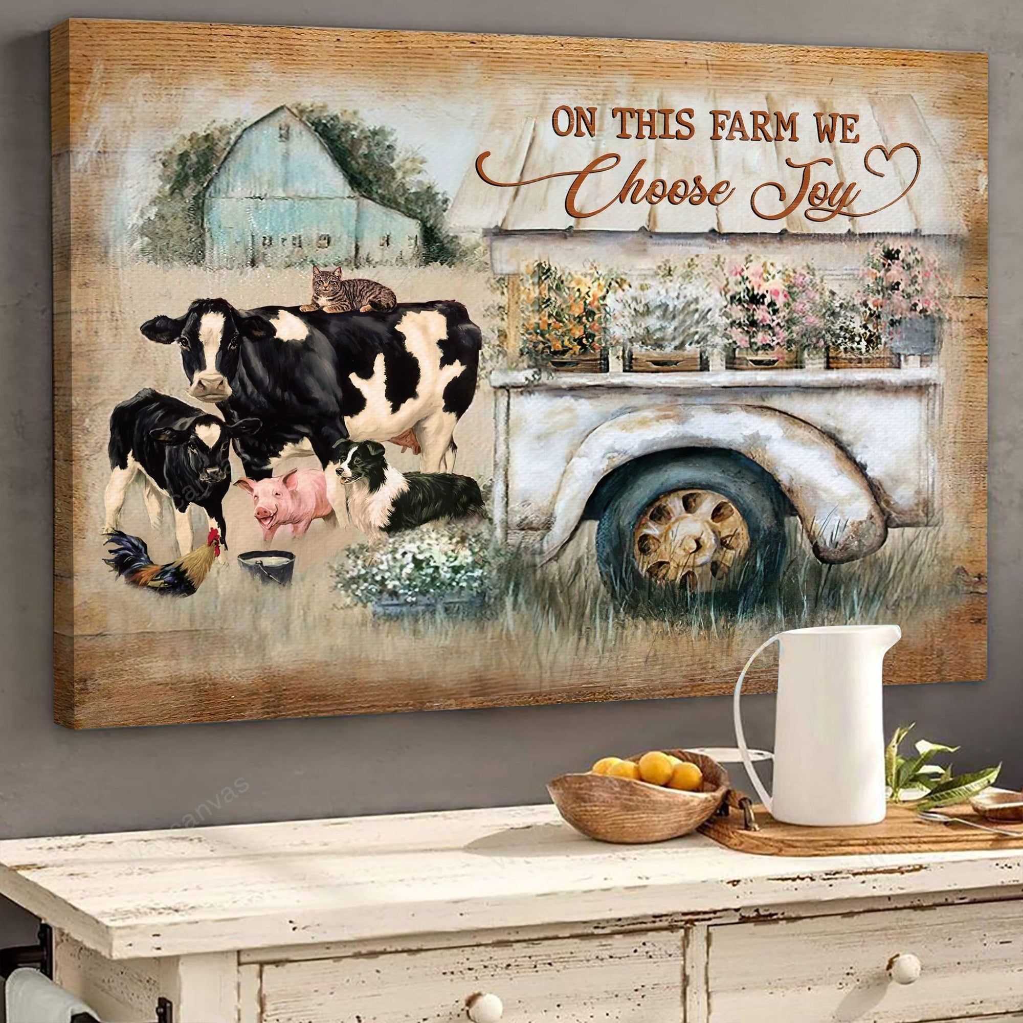 Farm Landscape Canvas- Animals, Flower Car, Peaceful Life Landscape Canvas- Gift For Farm Lover- On This Farm We Choose Joy