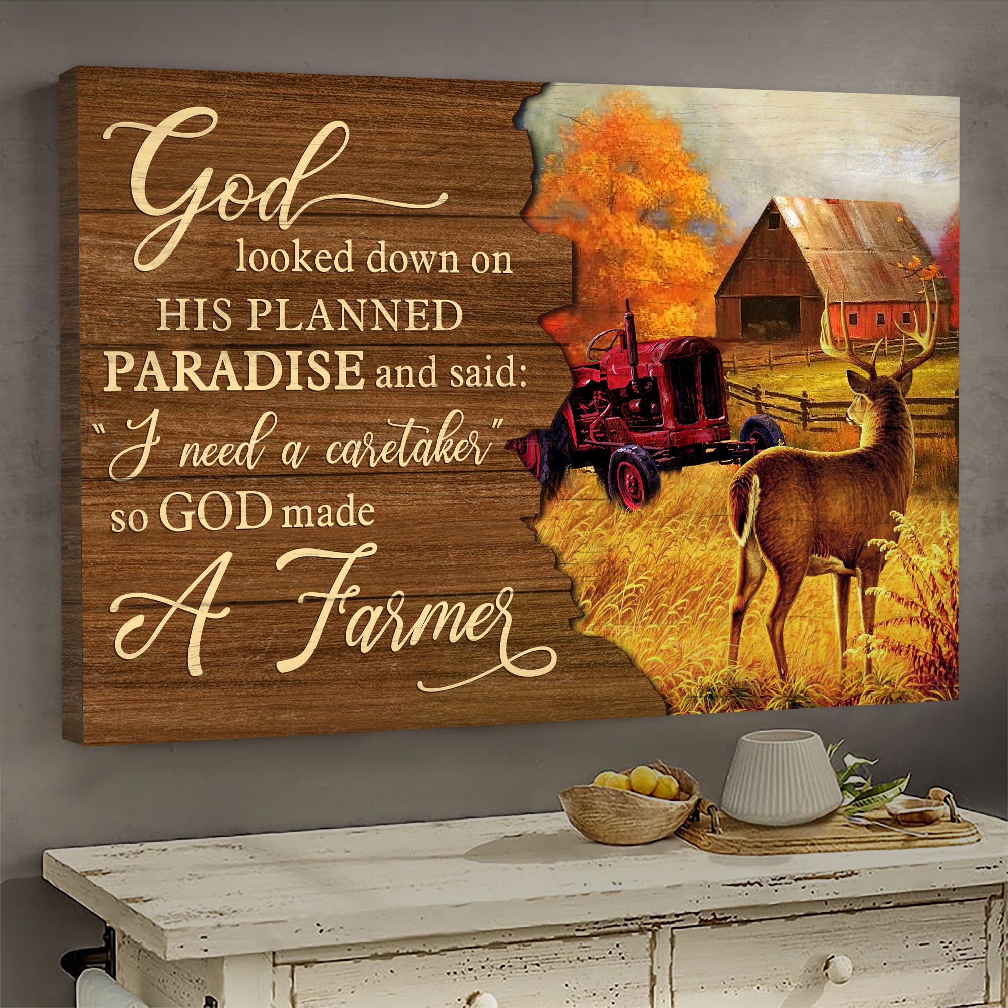 Jesus Landscape Canvas - Autumn farm, Deer, Red Tractor Landscape Canvas - Gift For Christian - God need a caretaker so he made a farmer