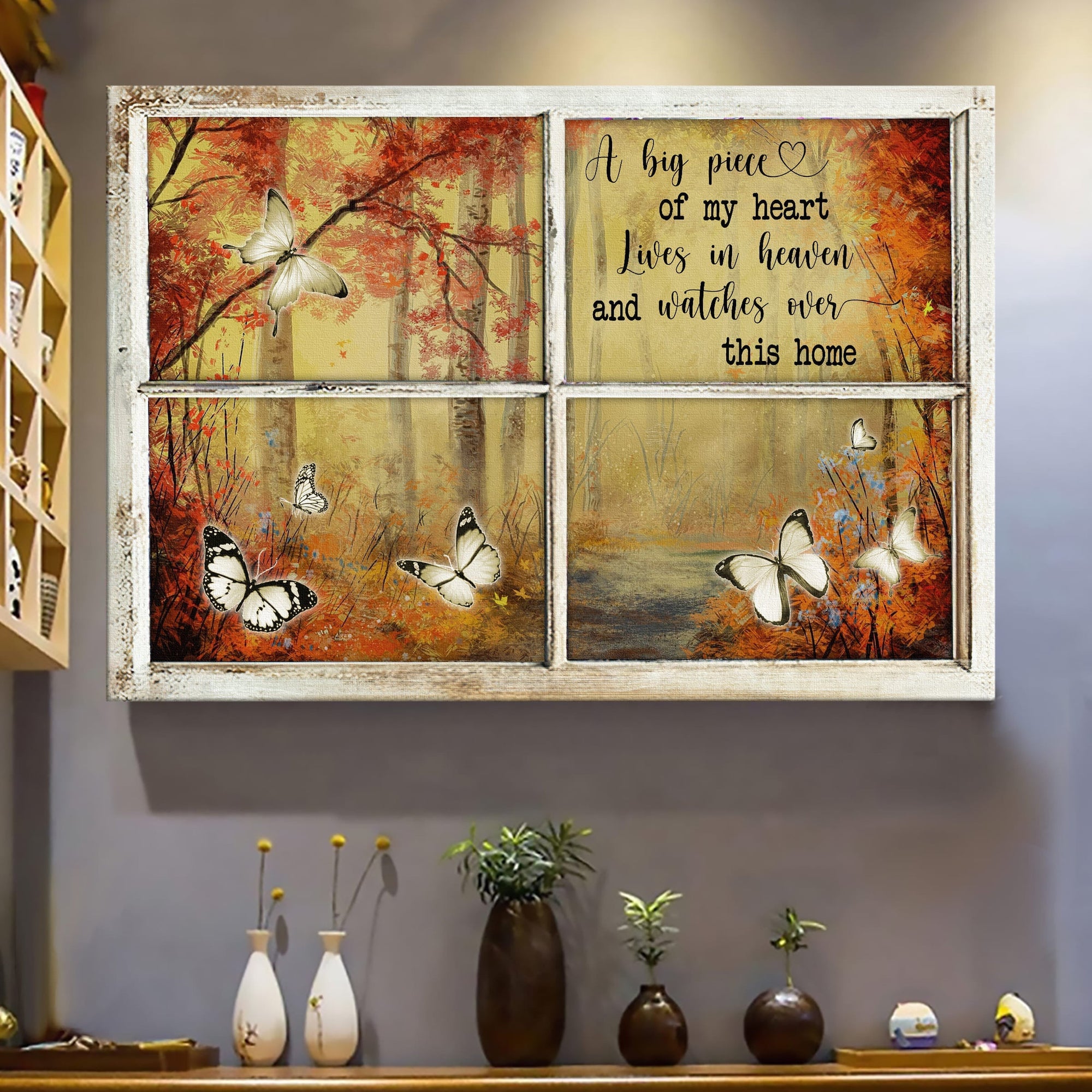 Memorial Landscape Canvas - Autumn Forest, Butterfly Landscape Canvas - Memorial Gift For Family Members - A big piece of my heart lives in heaven