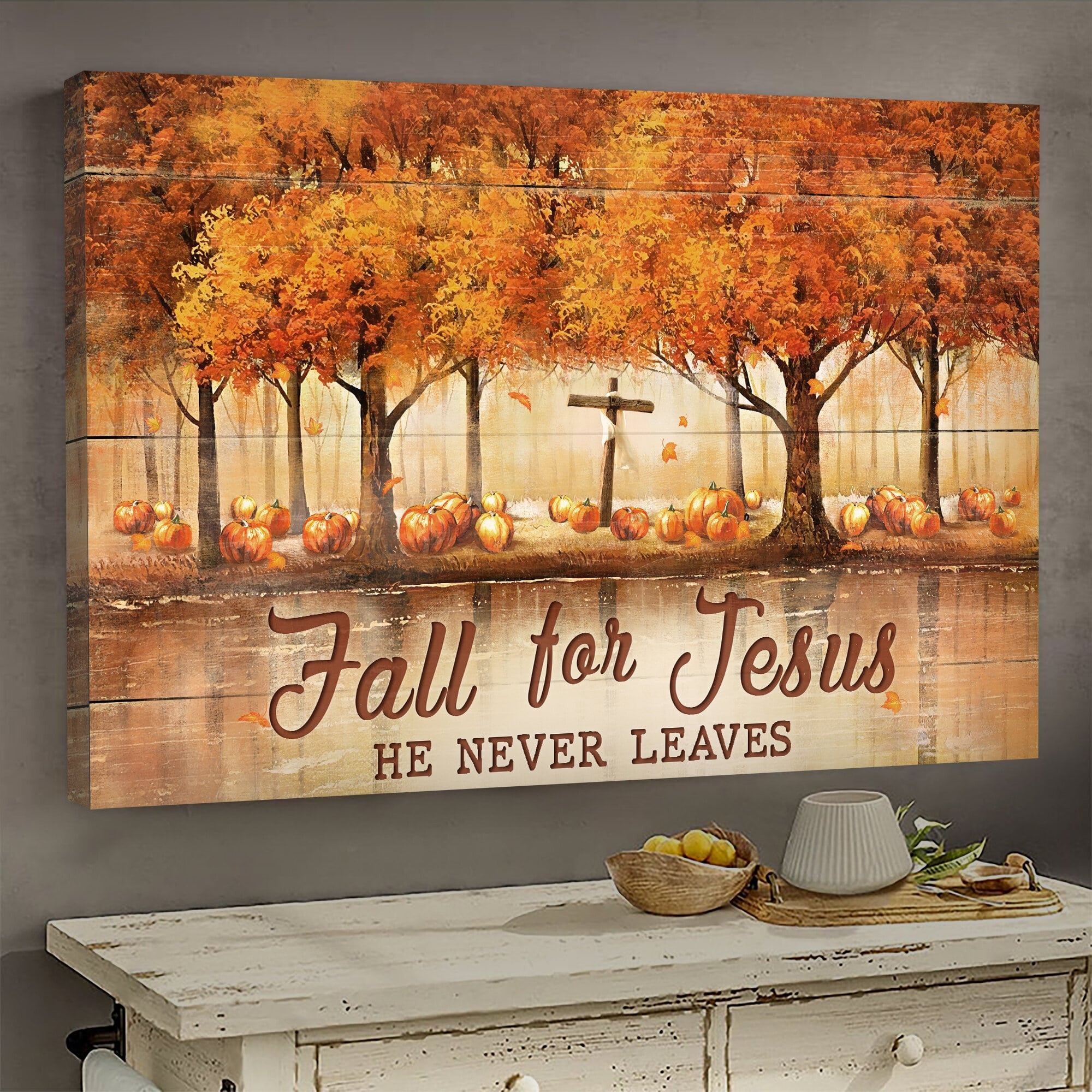 Jesus Landscape Canvas- Autumn Forest, Pumpkin, Wooden Cross Landscape Canvas- Gift For Christian- Fall For Jesus, He Never Leaves