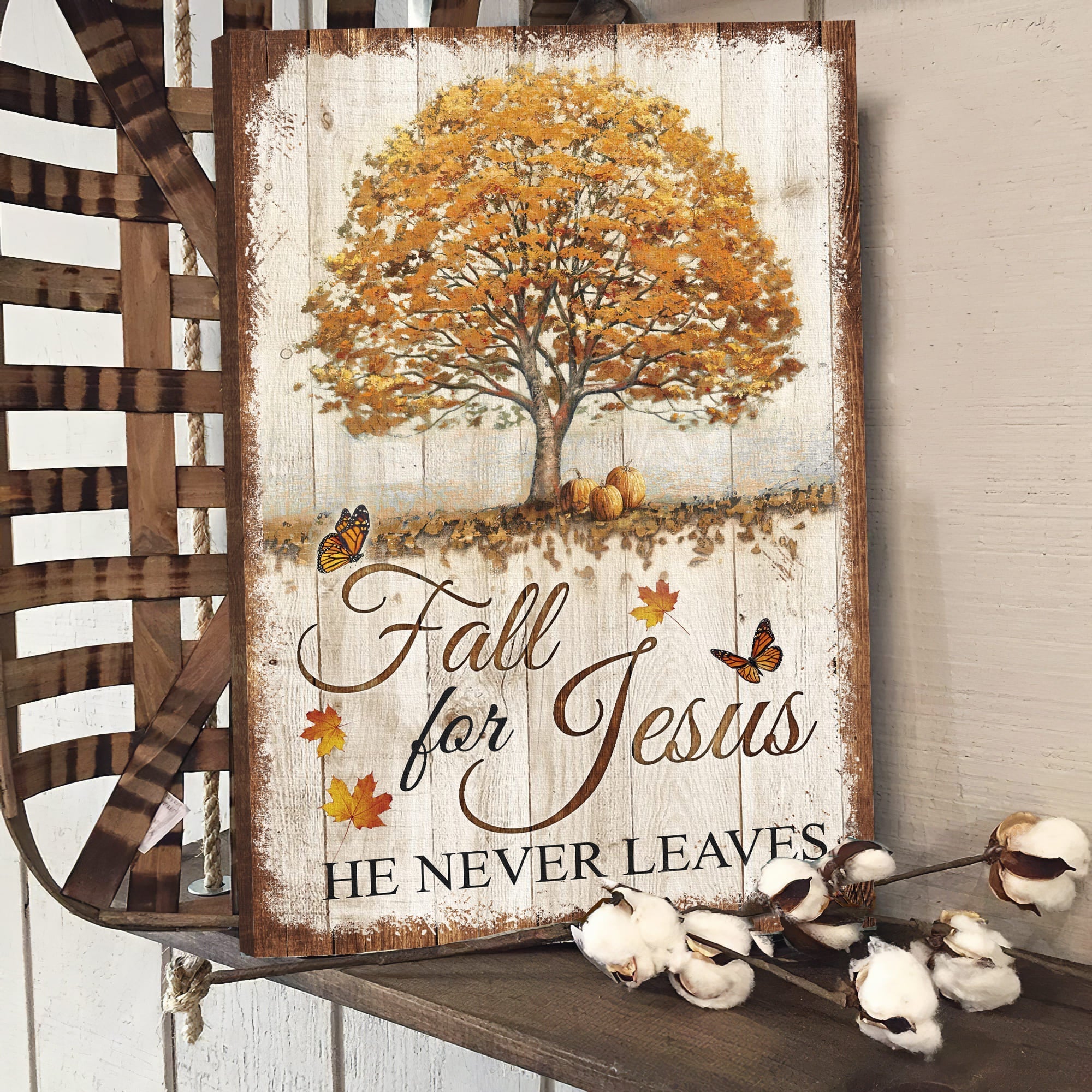 Jesus Portrait Canvas- Autumn Tree, Orange Butterfly Canvas- Gift For Christian- Fall For Jesus, He Never Leaves