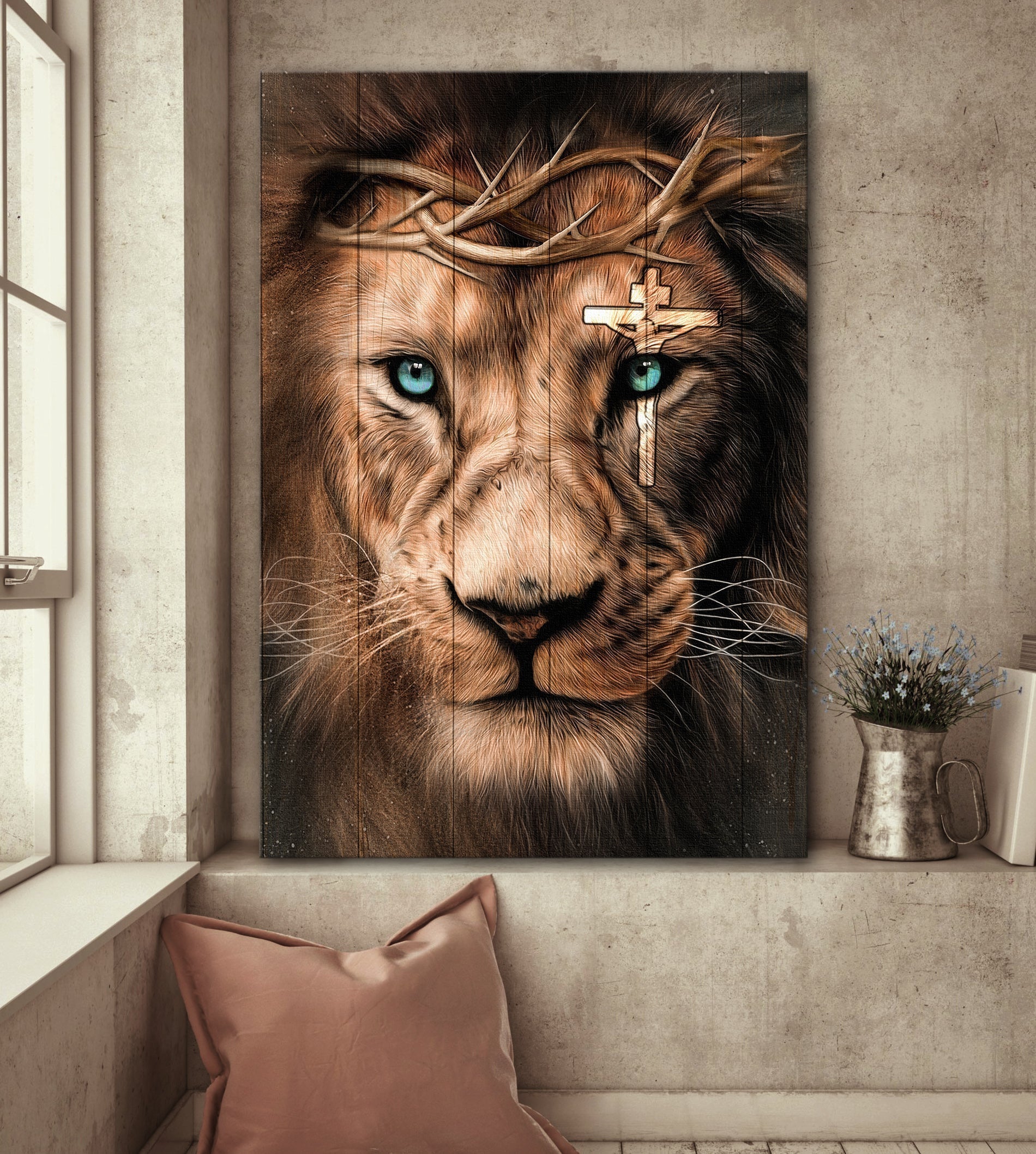 Jesus Portrait Canvas- Awesome Lion, Cross, Thorn Crown Canvas- Gift For Christian