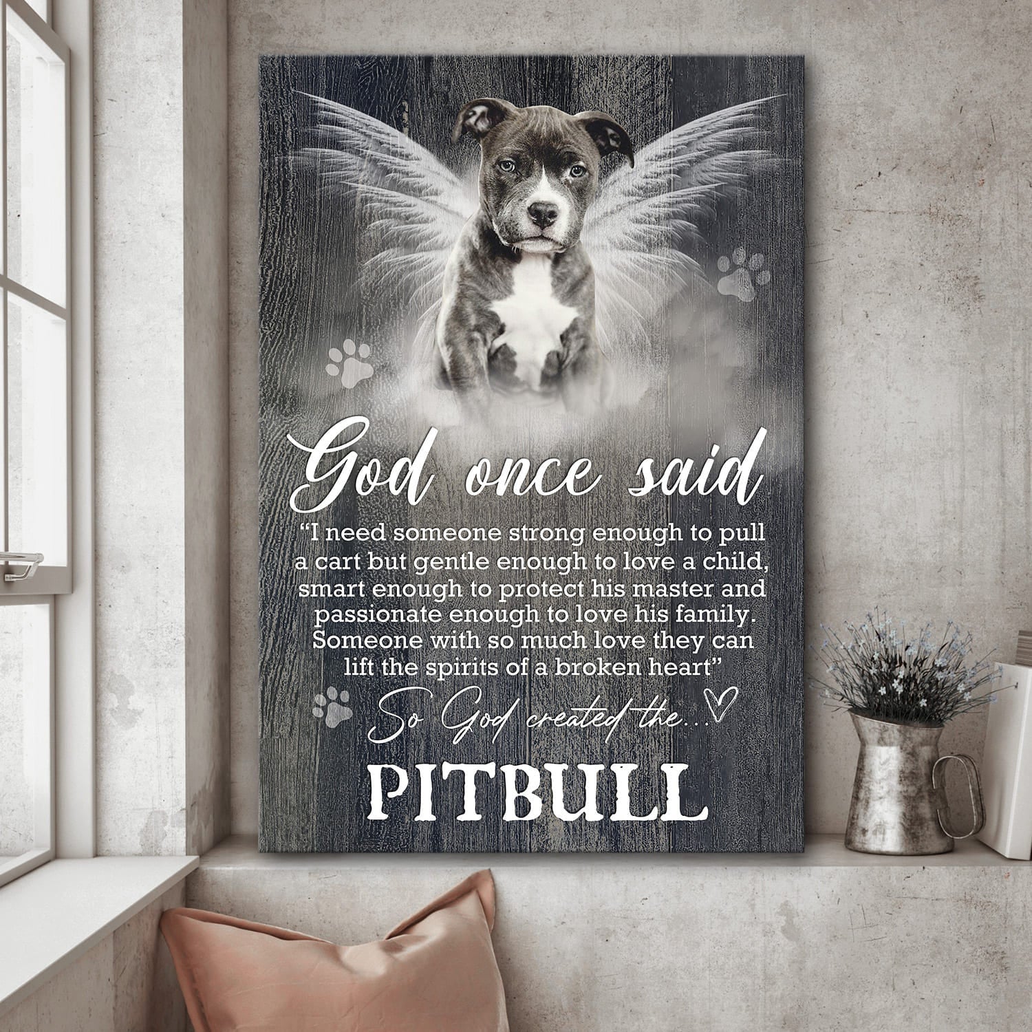 Pitbull Portrait Canvas- Baby Pitbull, Beautiful Angel Wings, Dog Portrait Canvas- Gift For Pitbull Lover- God Once Said