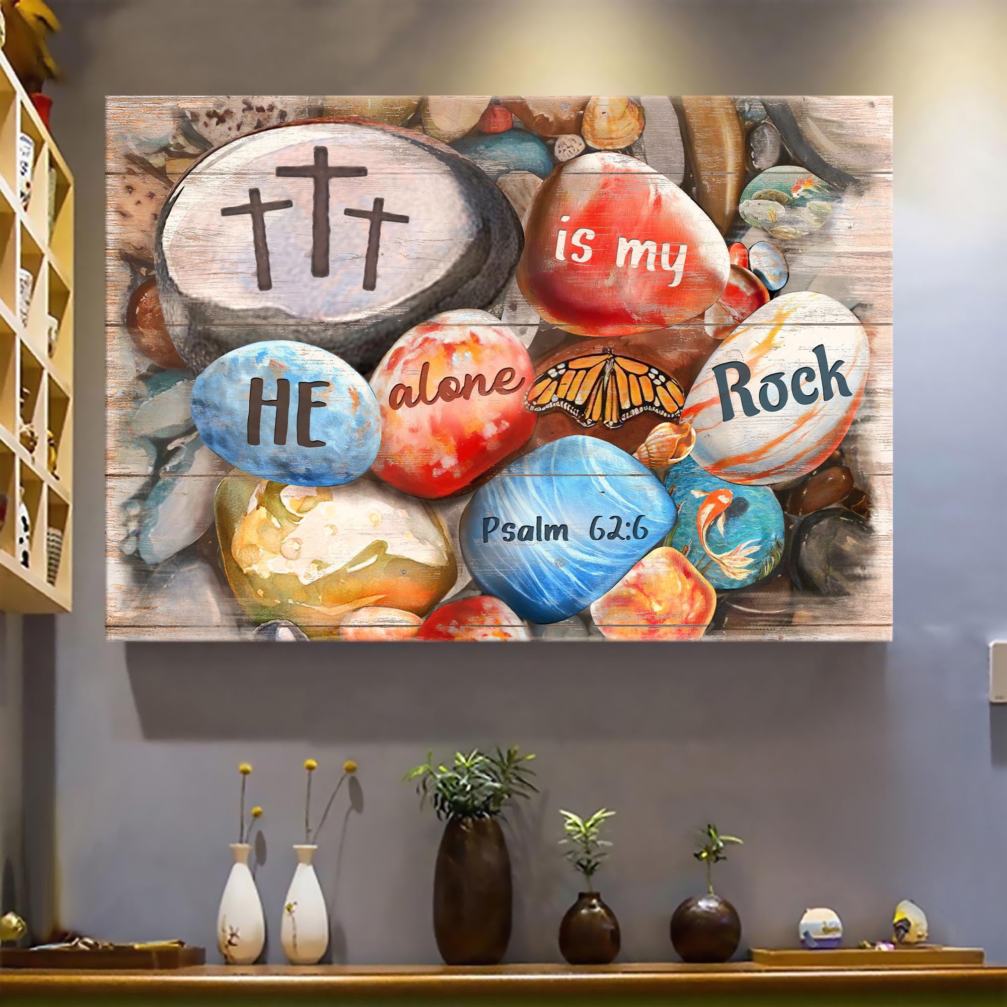 Jesus Landscape Canvas- Beach Rock, Cross, Butterfly Canvas- Gift For Christian- He Alone Is My Rock