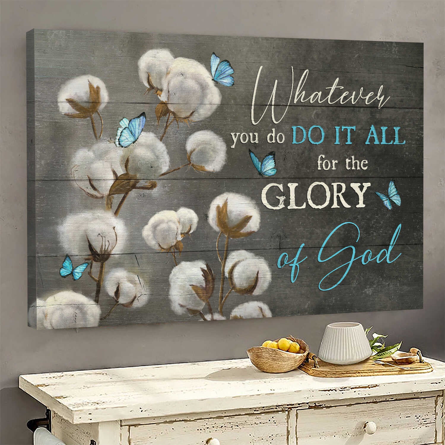 Jesus Landscape Canvas - Beautiful cotton flower painting, Blue butterfly Landscape Canvas - Gift For Christian - Whatever you do it all for the glory of God