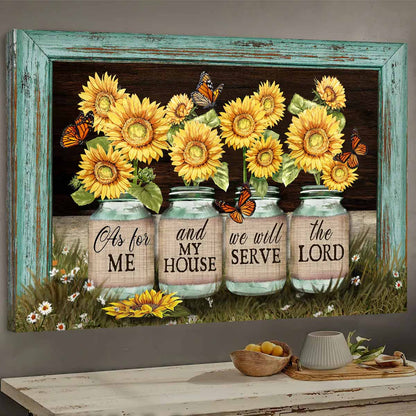 Jesus Landscape Canvas - Beautiful sunflower jars, Butterfly, Picture frame Landscape Canvas - Gift For Christian - We will serve the lord