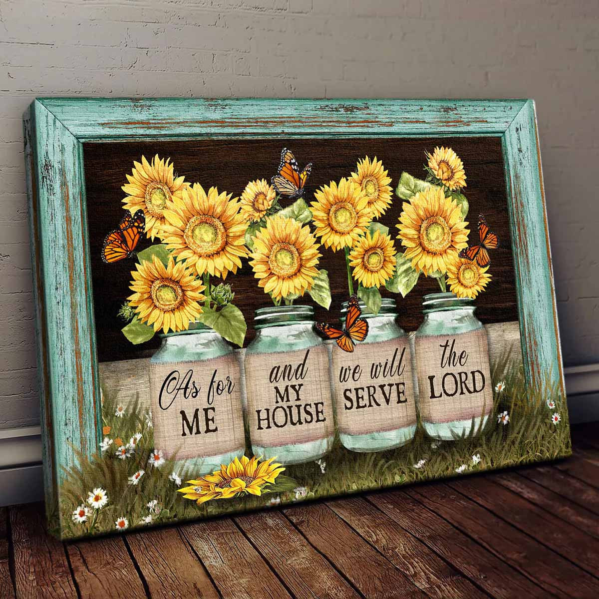 Jesus Landscape Canvas - Beautiful sunflower jars, Butterfly, Picture frame Landscape Canvas - Gift For Christian - We will serve the lord