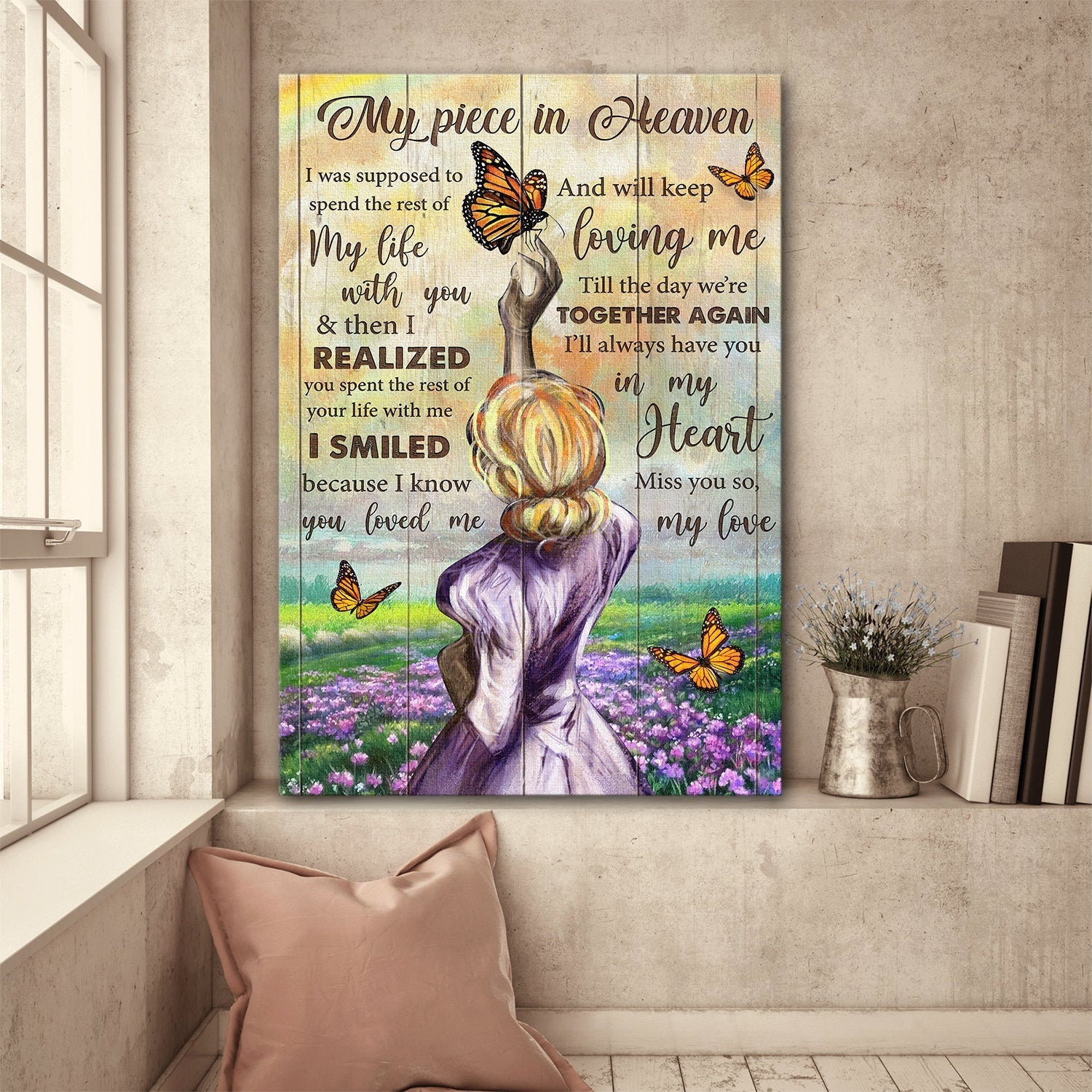 Heaven Portrait Canvas - Beautiful woman, Flower Field, Butterfly Portrait Canvas - Memorial Gift For Family Members - My piece in heaven