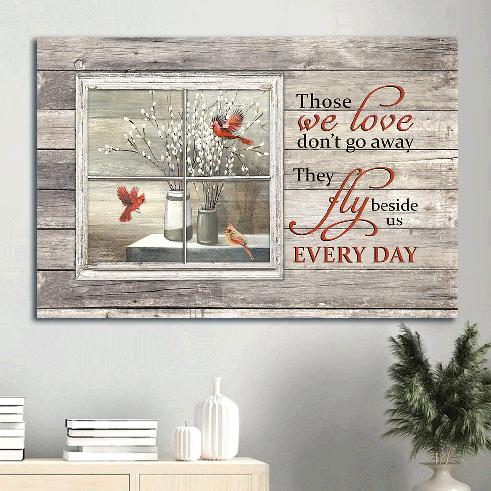 Memorial Landscape Canvas - White Willow Blossoms, Baby white flower, Red cardinal, Vintage window - Memorial Gift For Member Family - Those we love don't go away - Heaven Landscape Canvas Prints, Wall Art