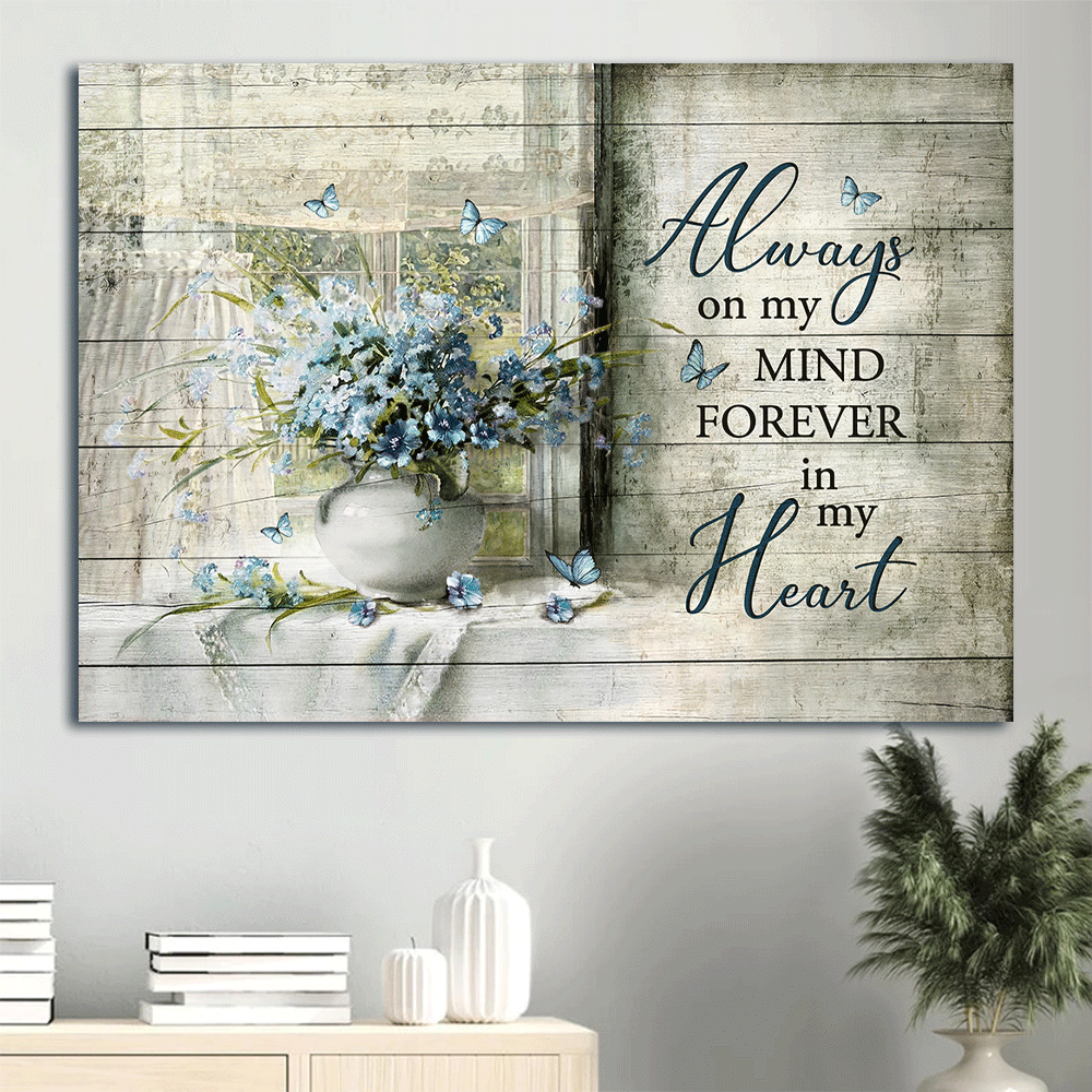 Heaven Landscape Canvas - Blue flower, Blue butterfly, Window frame Landscape Canvas - Memorial Gift For Family Members - Always on my mind Landscape Canvas