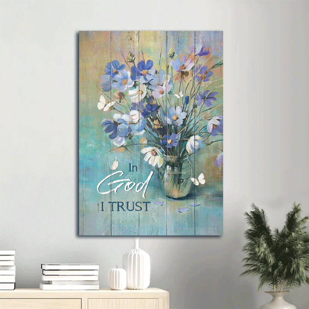 Jesus Portrait Canvas- Blue delicate flower, White butterfly, Still life painting canvas- Gift for Christian- In God I trust - Portrait Canvas Prints, Christian Wall Art