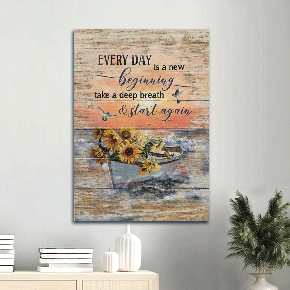 Jesus Portrait Canvas- Boat drawing, Sunflower vase, Pretty sunset canvas- Gift for Christian-  Every day is a new beginning - Portrait Canvas Prints, Christian Wall Art