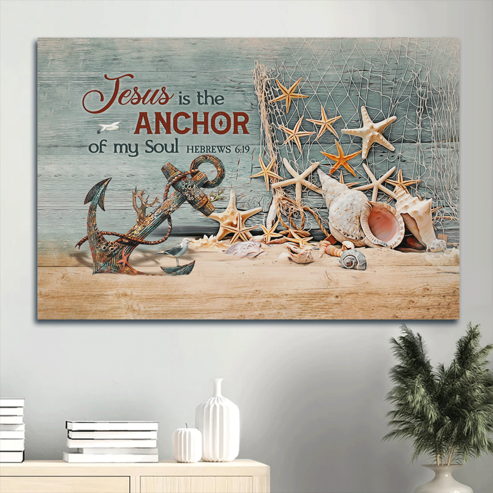 Jesus Landscape Canvas- Boat anchor, Sea stars, Seashells, Sand beach canvas- Gift for Christian- Jesus is the anchor of my soul -  Landscape Canvas Prints, Christian Wall Art