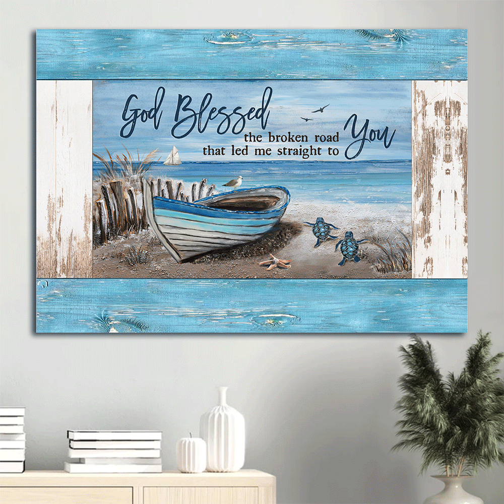 Jesus Landscape Canvas- Blue wooden boat,  Sea Turtle drawing canvas- Gift for Christian-God blessed the broken road - Landscape Canvas Prints, Wall Art