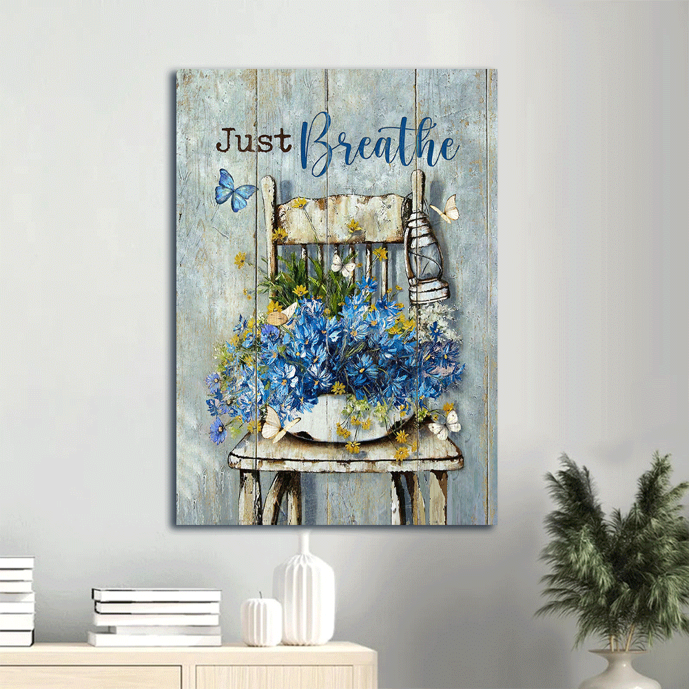 Jesus Portrait Canvas- Blue daisy vase, Vintage chair, White butterfly, Just breathe canvas- Gift for Christian - Portrait Canvas Prints, Christian Wall Art