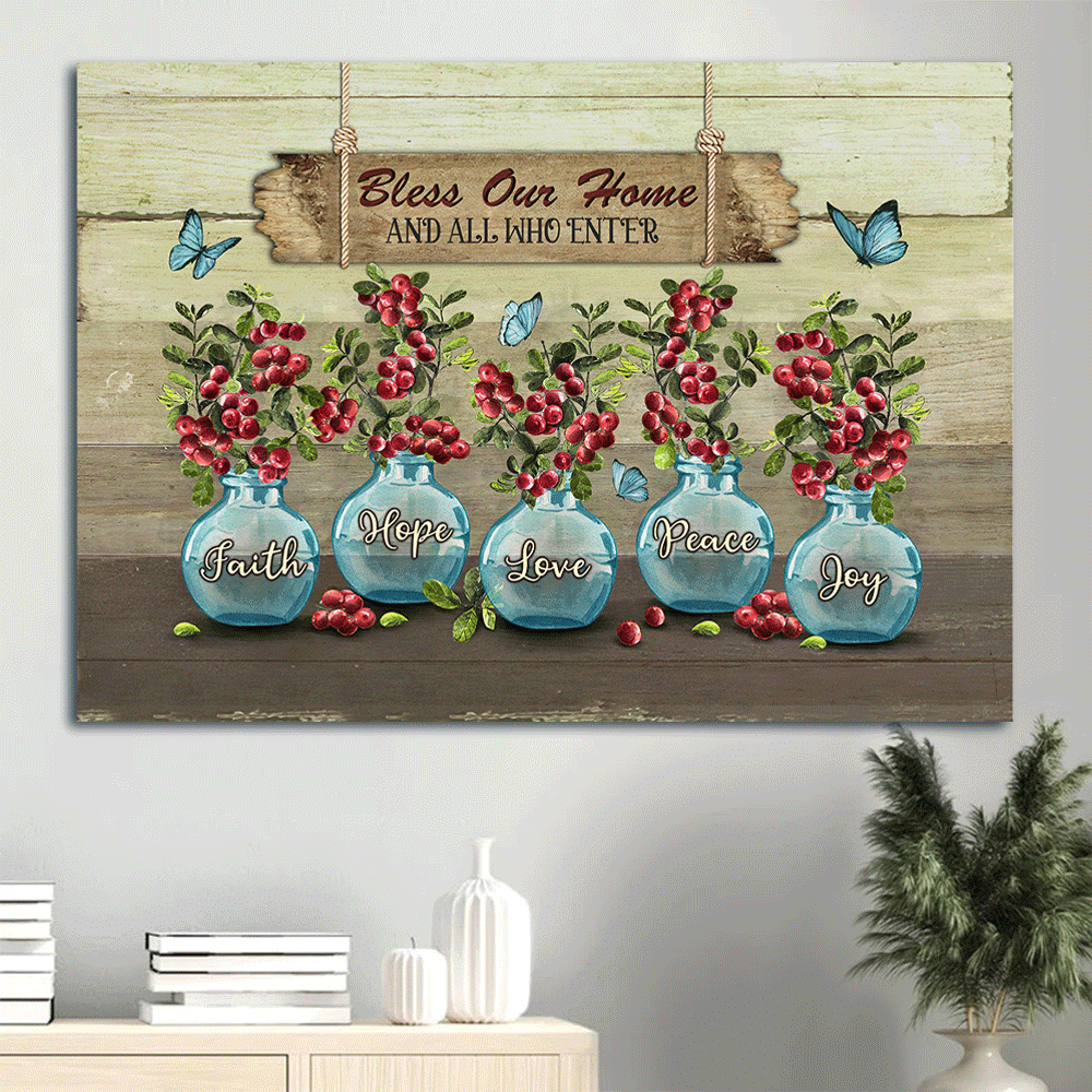 Jesus Landscape Canvas- Blue vase, Blue butterfly, Cranberry canvas- Gift for Christian- Bless our home - Landscape Canvas Prints, Christian Wall Art