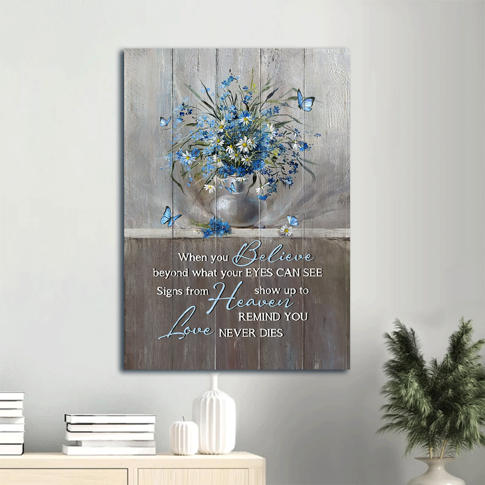 Memorial Portrait Canvas- Blue daisy painting, Still life drawing canvas- Gift for members family- Signs from heaven remind you love never dies - Heaven Portrait Canvas Prints, Wall Art