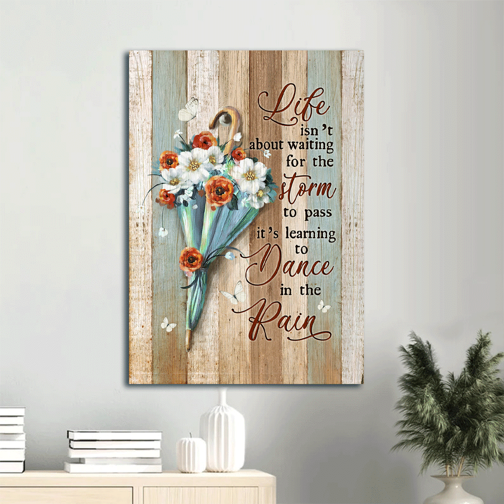 Jesus Portrait Canvas- Blue umbrella, Camellia flower, Red jasmine canvas- Gift for Christian-  It's learning to dance in the rain - Portrait Canvas Prints, Christian Wall Art