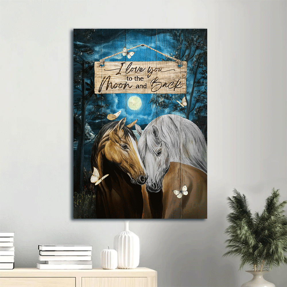 Family Portrait Canvas- Brown and white horse, Moon night, White butterfly canvas- Gift for members family-  I love you to the moon and back