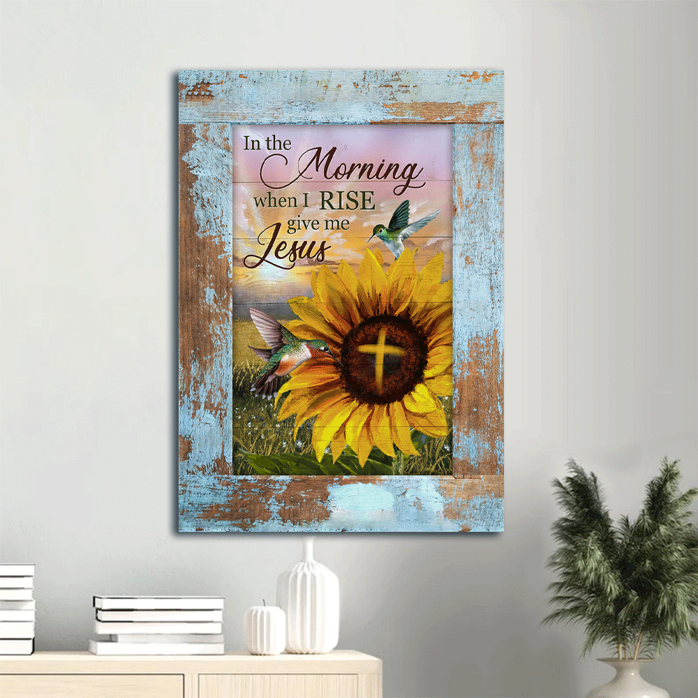 Jesus Portrait Canvas- Brilliant sunflower, Big hummingbird, Pink sunset canvas- Gift for Christian- In the morning when I rise