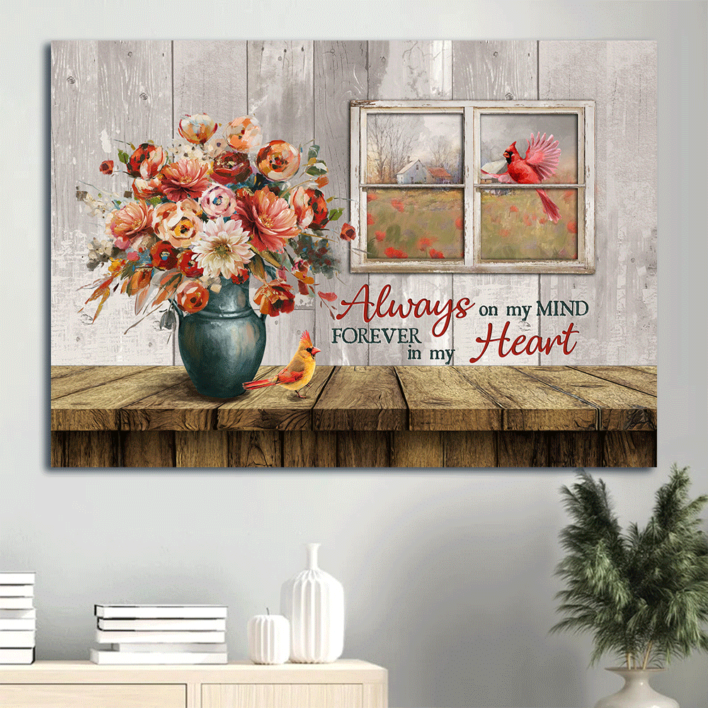 Memorial Landscape Canvas- Brilliant rose flower, Red cardinal, Vintage window canvas- Gift for Christian- Always on my mind