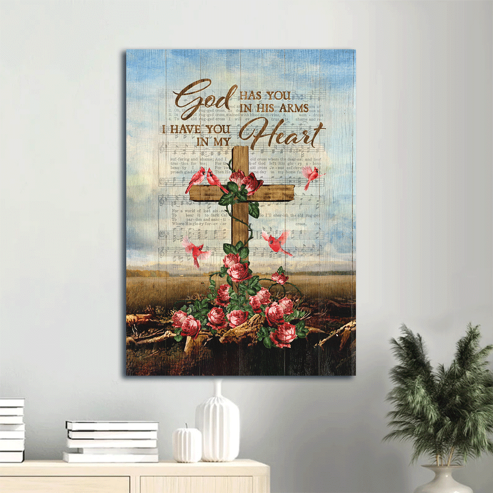 Jesus Portrait Canvas- Brilliant red rose, Pretty cardinal, Wooden cross canvas- Gift for Christian- God has you in his arms