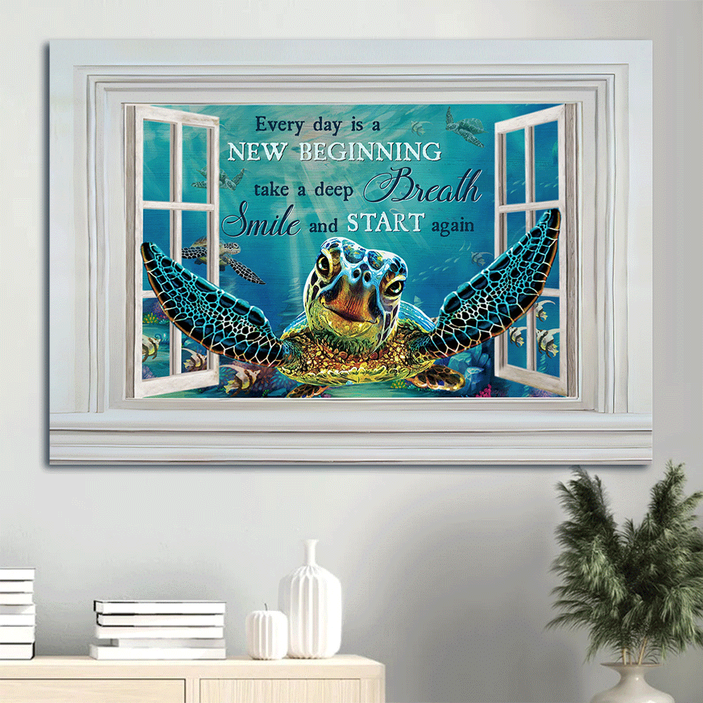 Jesus Landscape Canvas- Blue turtle, Window frame, Ocean painting canvas- Gift for Christian- Every day is a new beginning - Landscape Canvas Prints, Christian Wall Art