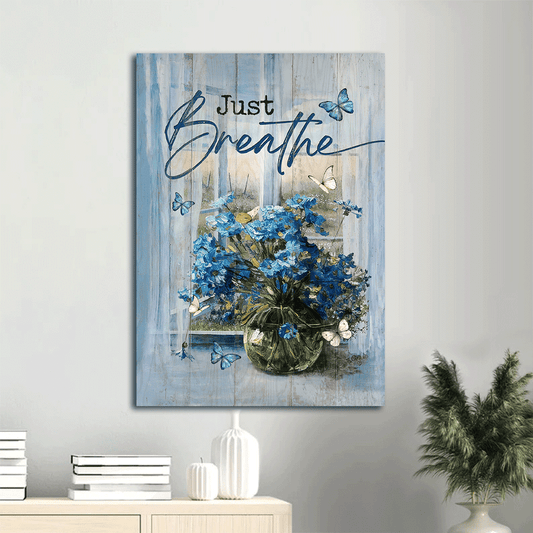 Jesus Portrait Canvas- Blue daisy, Glass vase, Blue butterfly, Window scarf, Just breathe canvas- Gift for Christian - Portrait Canvas Prints, Christian Wall Art